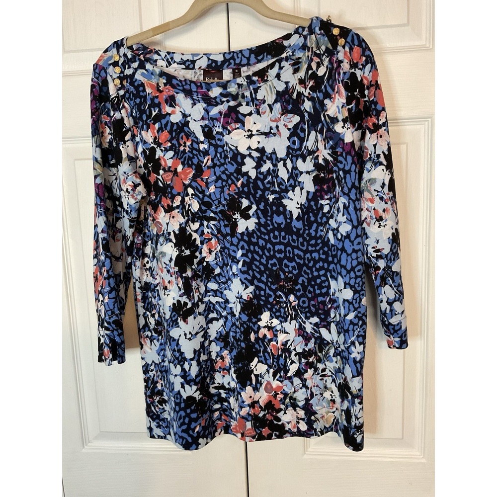 Rafaella Blue Abstract‎ Floral 3/4 Sleeve Top Shirt Blouse 100% Cotton Medium